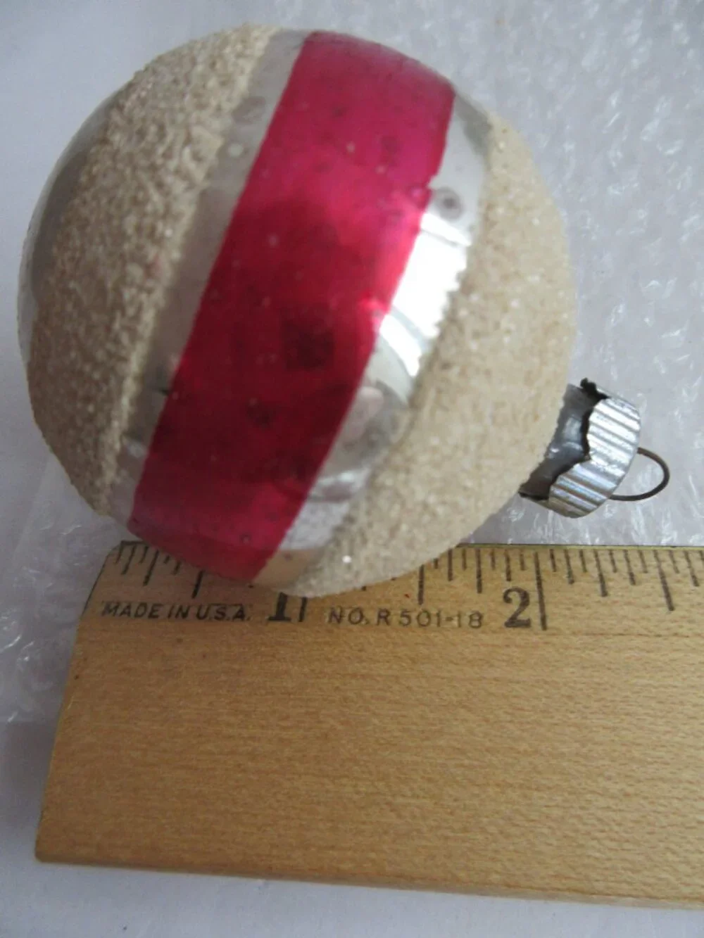 3 Shiny Brite Striped Mica Glass Christmas Ornaments Green, Pink, White Vtg